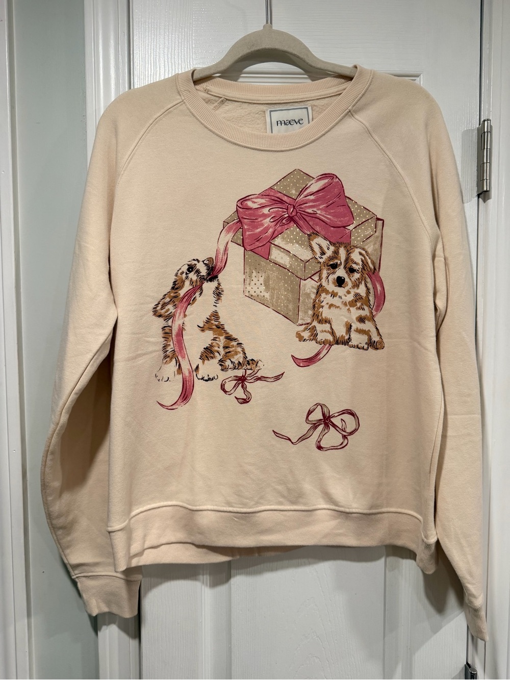NWOT Maeve Anthropologie Size L Dog Gift Bow Graphic Sweatshirt Beige Gold